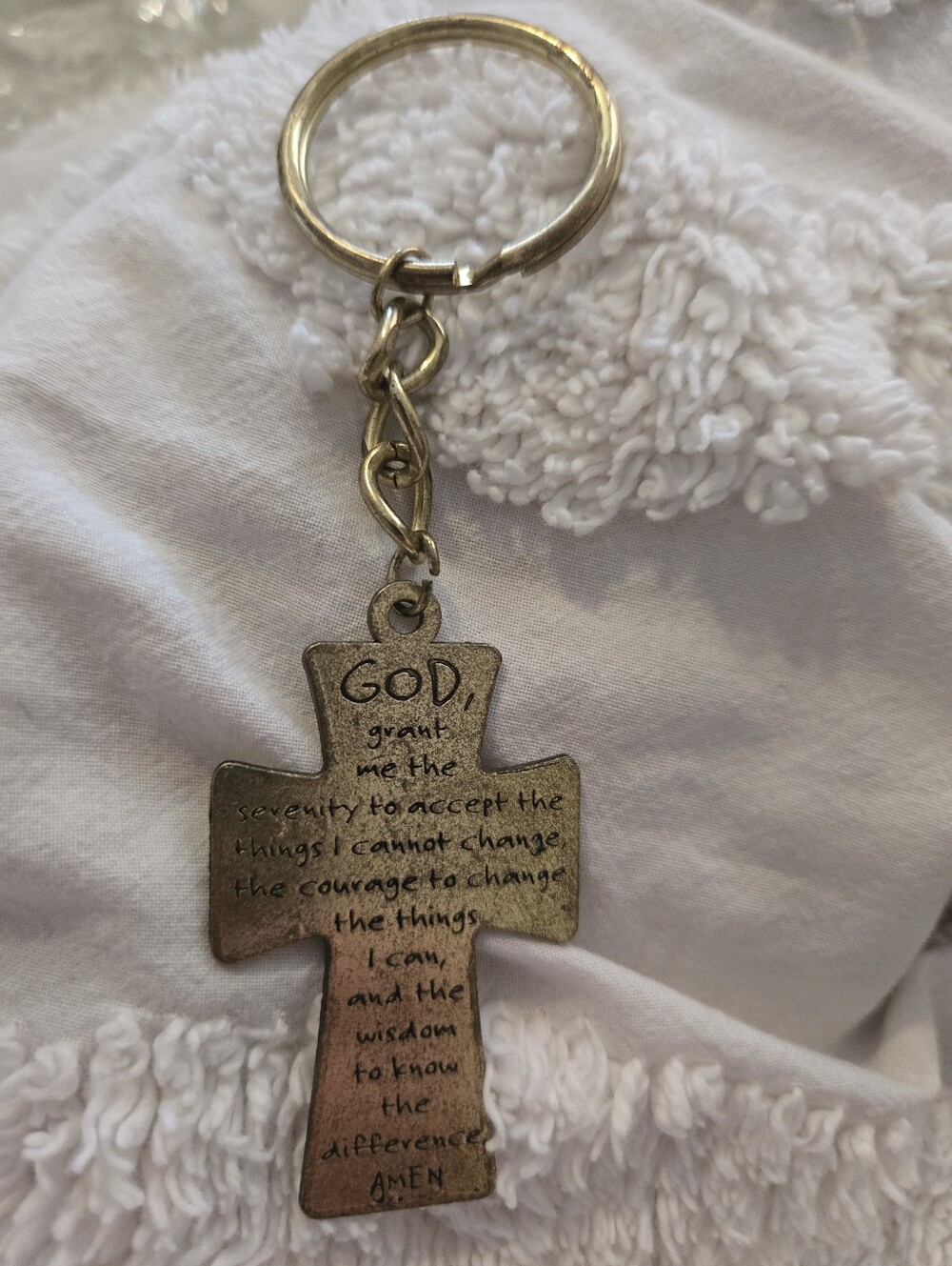 Vintage Metal Serenity Prayer Inspirational Cross Keychain - Gold Tone